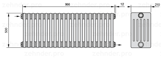 Схема (чертеж) Радиатор Zehnder Charleston 6050/21 №1670 Белый глянцевый RAL 9016
